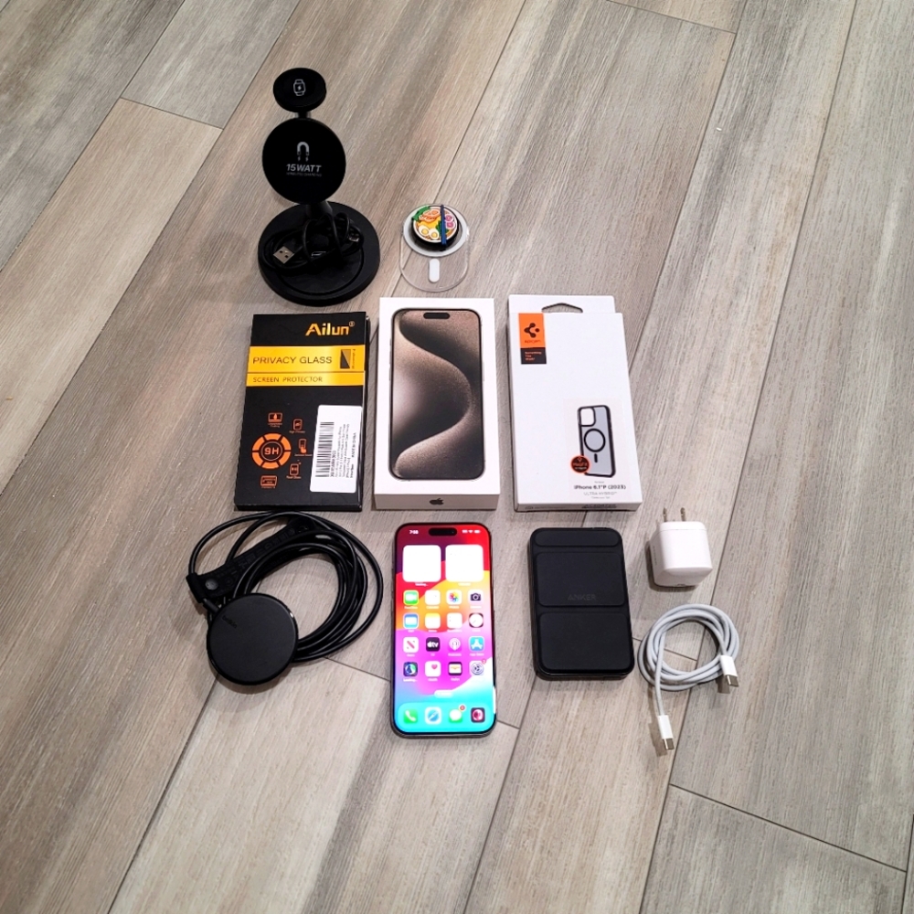 Factory Unlocked Apple iPhone 15 Pro 256GB Natural Titanium With Bundle